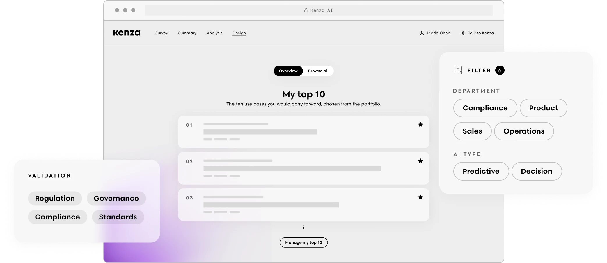Kenza AI platform, Design phase — the top-ten use cases your teams choose, with department and AI-type filters and validation tags